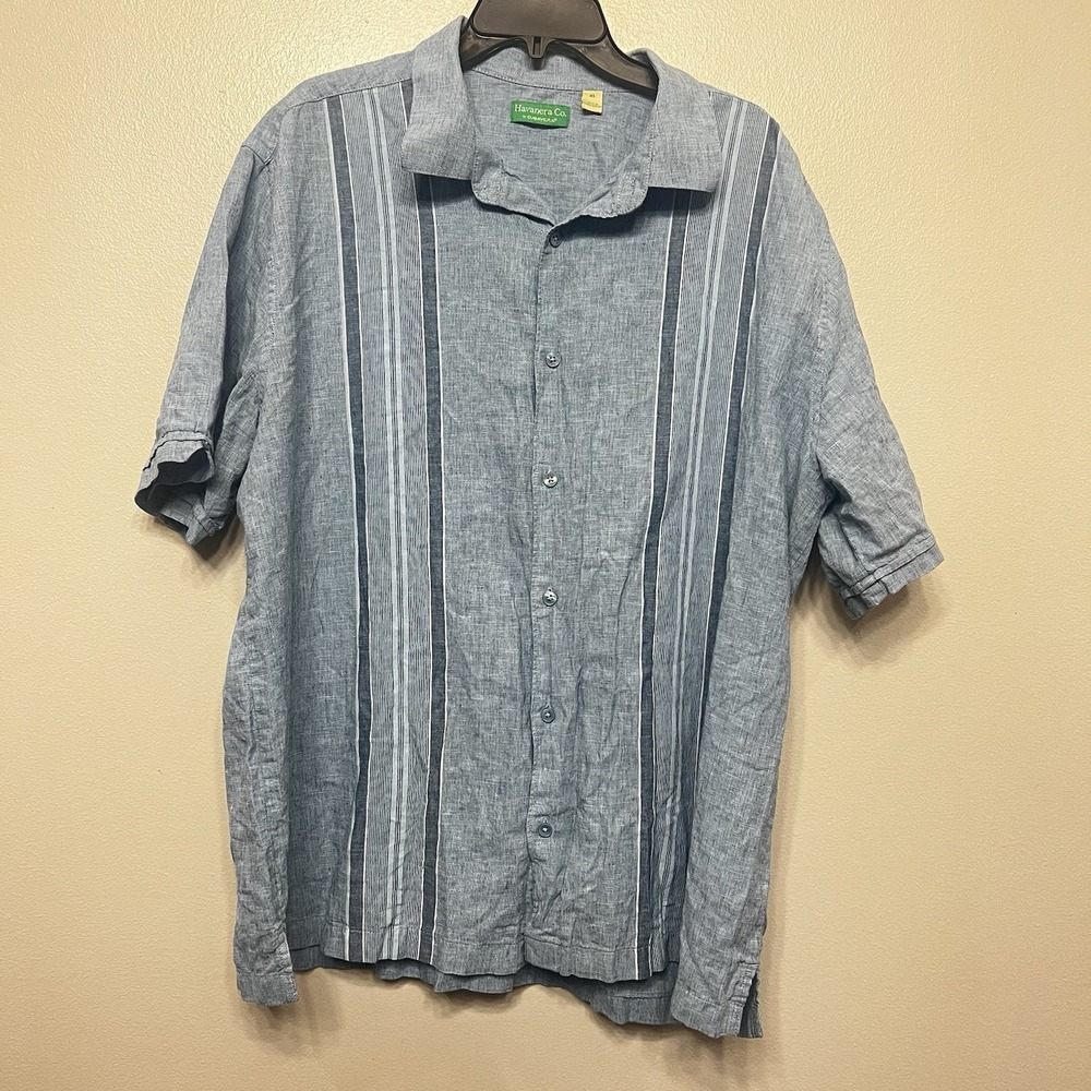 Havanera co Mens XL Blue Linen Blend Cotton Shirt SS Tropical Lightweight Beachy